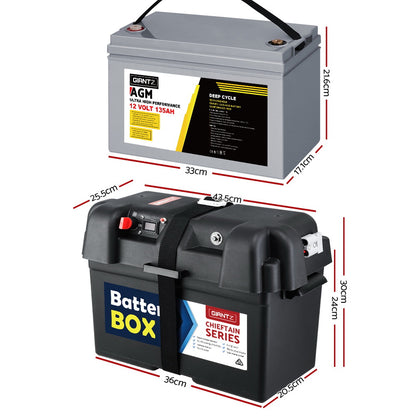 135Ah Deep Cycle Battery & Battery Box 12V AGM Marine Sealed Power Solar Caravan 4WD Camping