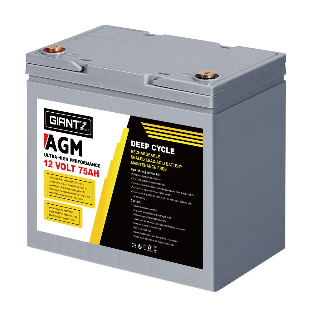 75Ah Deep Cycle Battery & Battery Box 12V AGM Marine Sealed Power Solar Caravan 4WD Camping