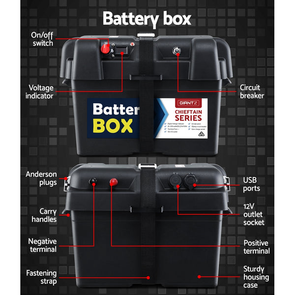  75Ah Deep Cycle Battery & Battery Box 12V AGM Marine Sealed Power Solar Caravan 4WD Camping