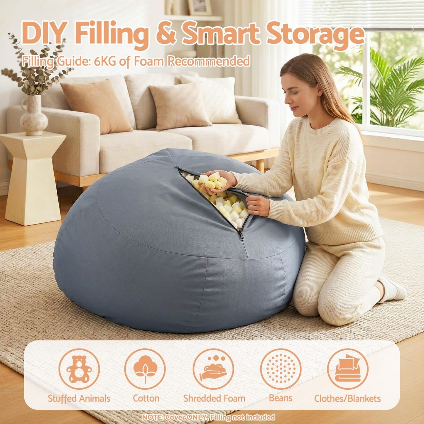Grey Bean Bag Cover Outdoor 83x87x77cm
