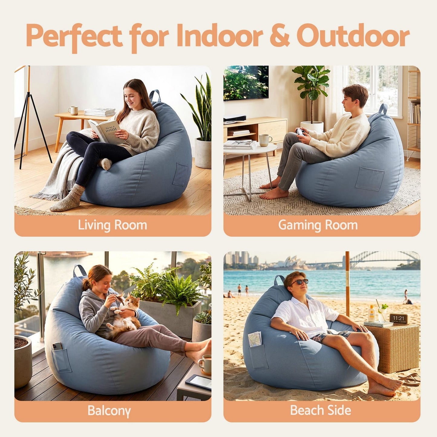 Grey Bean Bag Cover Outdoor 83x87x77cm