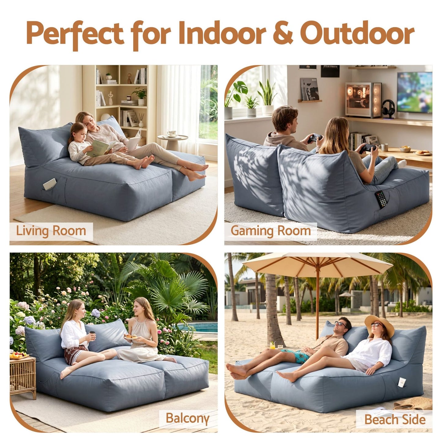Grey Outdoor Bean Bag Cover 160x150x80cm