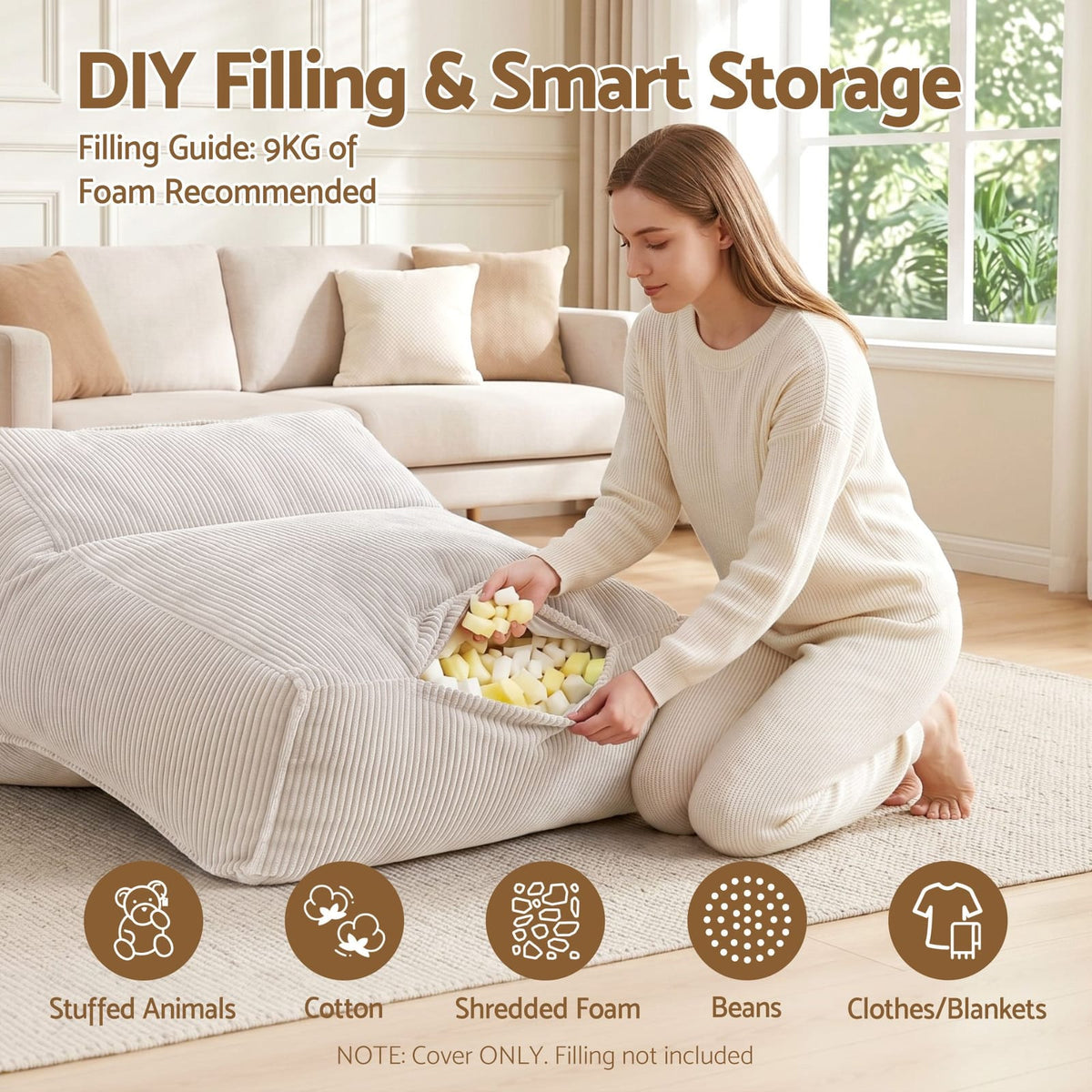 Bean Bag Cover Soft Corduroy 88x73x98cm