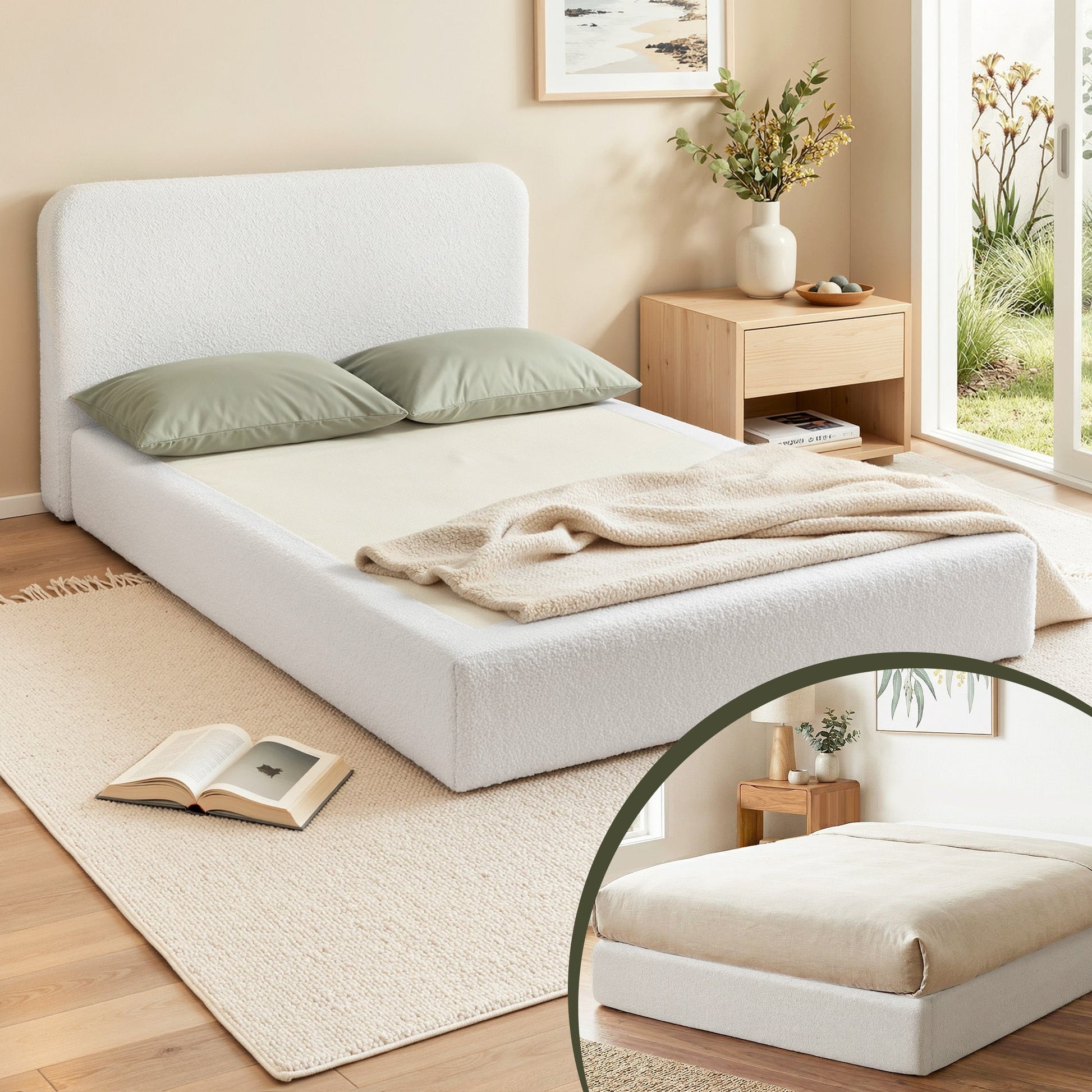 Double Bed Frame No Assembly Boucle Cream | Home & Living