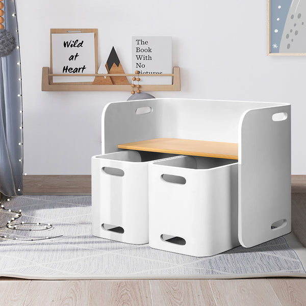  3Pcs Kids Table And Chairs Set Multifunctional Storage Desk White