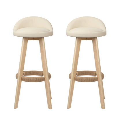 2X Bar Stools Padded Leather Wooden Beige