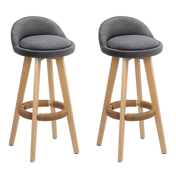  2X Bar Stools Padded Linen Wooden Grey