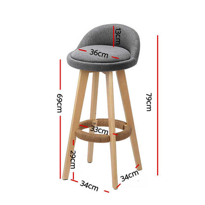 2X Bar Stools Padded Linen Wooden Grey