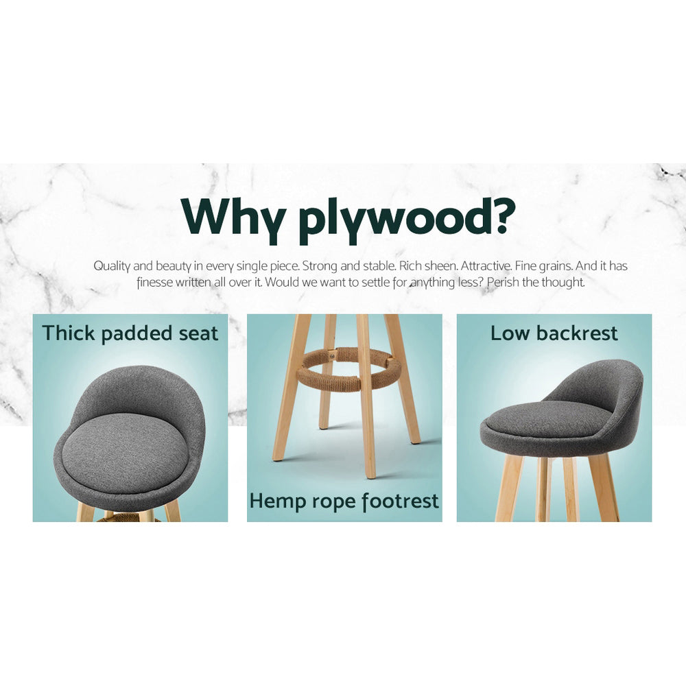 2X Bar Stools Padded Linen Wooden Grey