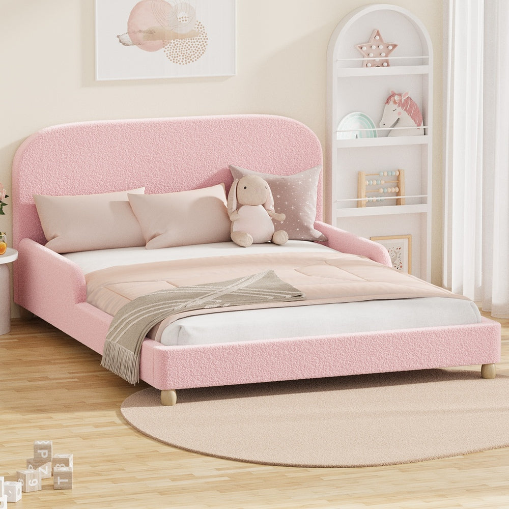 Kids Bed Frame Double Size With Side Rails Boucle Upholstered Pink/White Bedroom Furniture