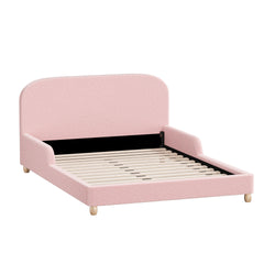 Kids Bed Frame Double Size With Side Rails Boucle Upholstered Pink/White Bedroom Furniture