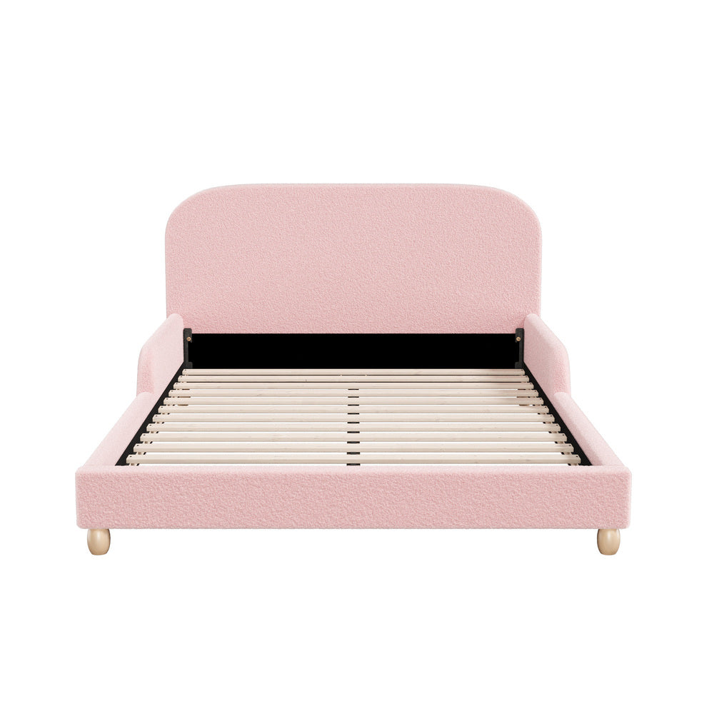 Kids Bed Frame Double Size With Side Rails Boucle Upholstered Pink/White Bedroom Furniture