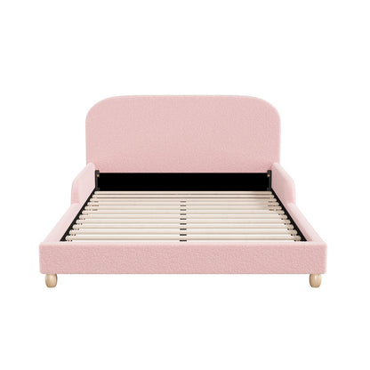 Kids Bed Frame Double Size With Side Rails Boucle Upholstered Pink/White Bedroom Furniture