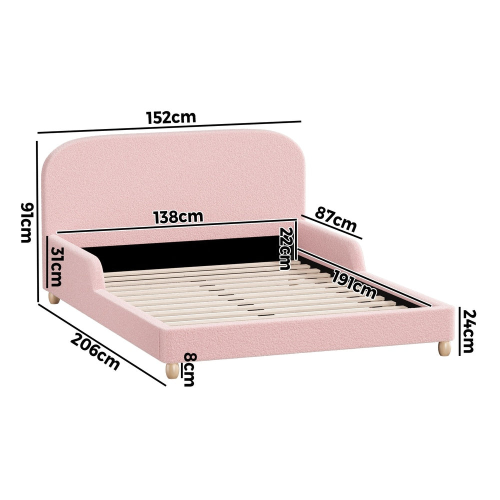 Kids Bed Frame Double Size With Side Rails Boucle Upholstered Pink/White Bedroom Furniture
