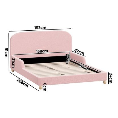 Kids Bed Frame Double Size With Side Rails Boucle Upholstered Pink/White Bedroom Furniture