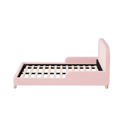 Kids Bed Frame Double Size With Side Rails Boucle Upholstered Pink/White Bedroom Furniture