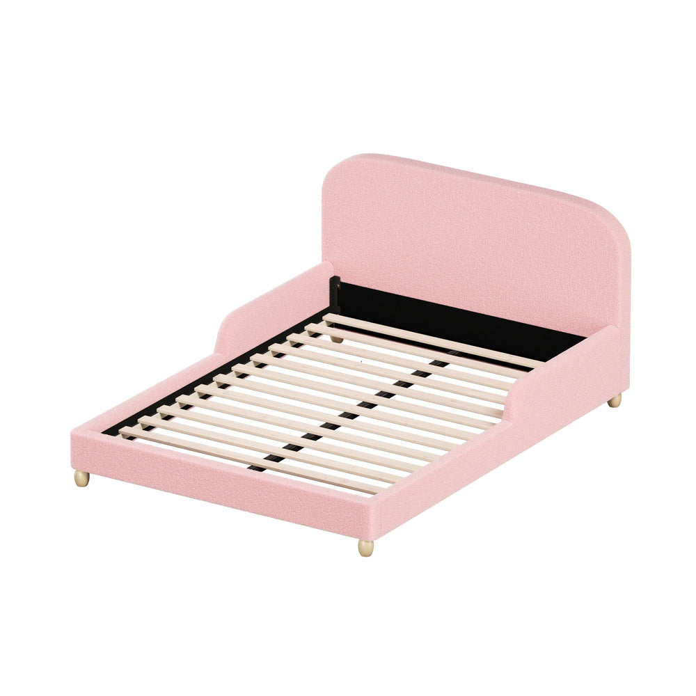 Kids Bed Frame Double Size With Side Rails Boucle Upholstered Pink/White Bedroom Furniture