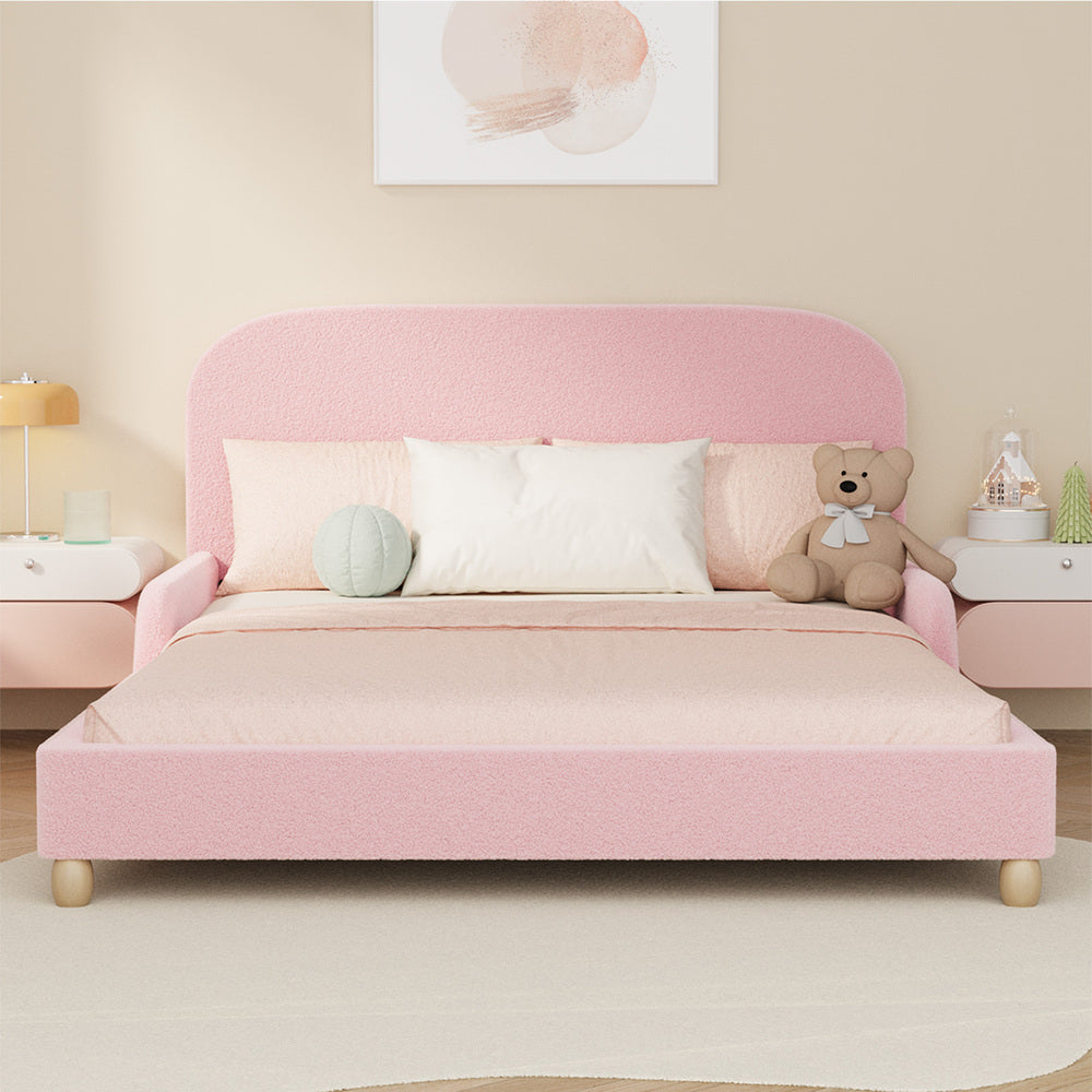 Kids Bed Frame Double Size With Side Rails Boucle Upholstered Pink/White Bedroom Furniture