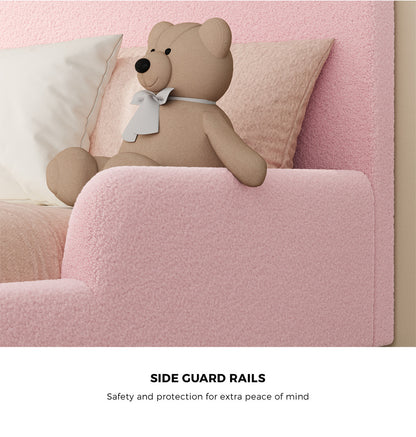 Kids Bed Frame Double Size With Side Rails Boucle Upholstered Pink/White Bedroom Furniture