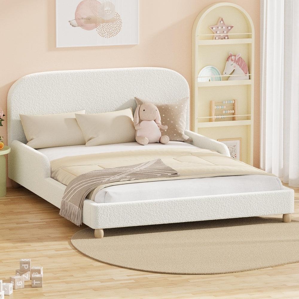 Kids Bed Frame Double Size With Side Rails Boucle Upholstered Pink/White Bedroom Furniture
