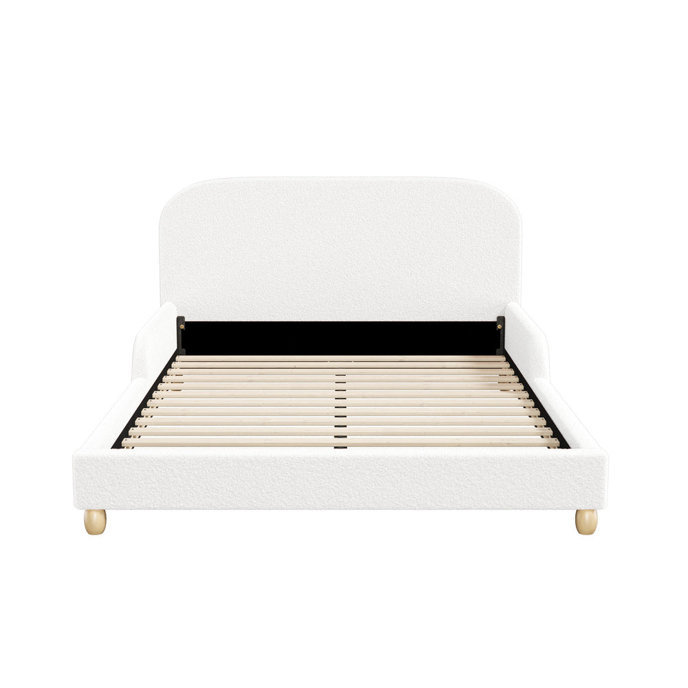 Kids Bed Frame Double Size With Side Rails Boucle Upholstered Pink/White Bedroom Furniture