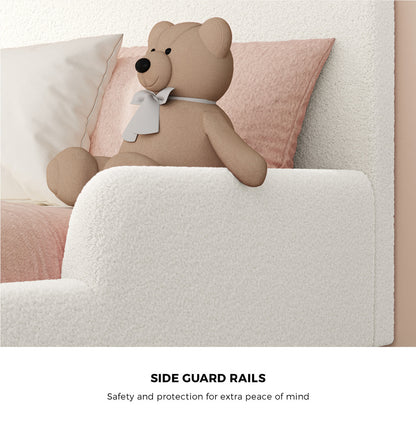 Kids Bed Frame Double Size With Side Rails Boucle Upholstered Pink/White Bedroom Furniture