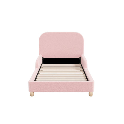 Kids Bed Frame Single Size With Side Rails Boucle Upholstered White/Pink Bedroom Furniture