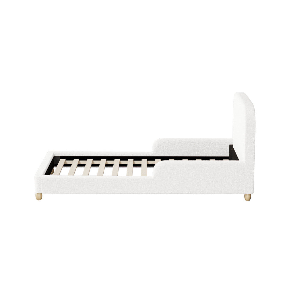 Kids Bed Frame Single Size With Side Rails Boucle Upholstered White/Pink Bedroom Furniture