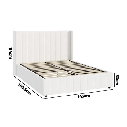 Bed Frame Double Size Gas Lift Base Boucle Fabric White
