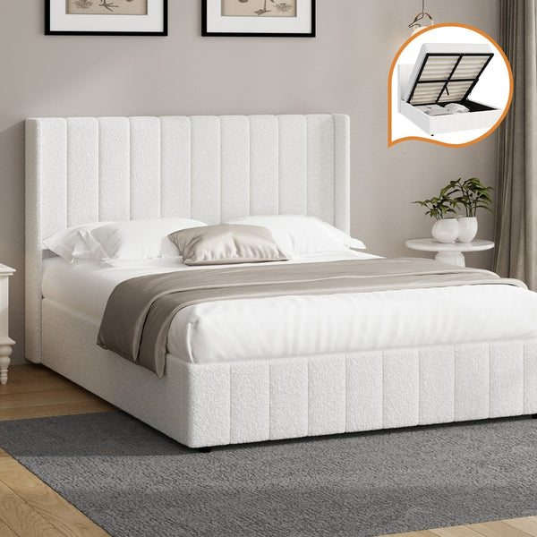  Bed Frame Double/King/King Single/Queen Size Gas Lift Base Boucle Fabric White