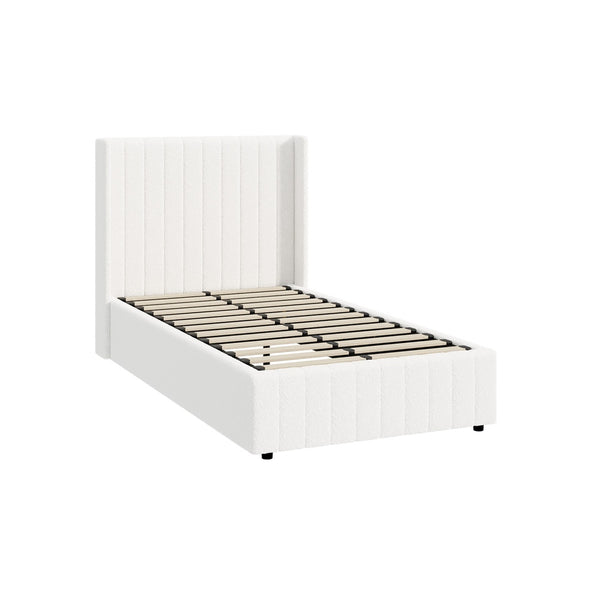  Bed Frame King Single Double Queen Gas Lift Base Boucle Fabric White