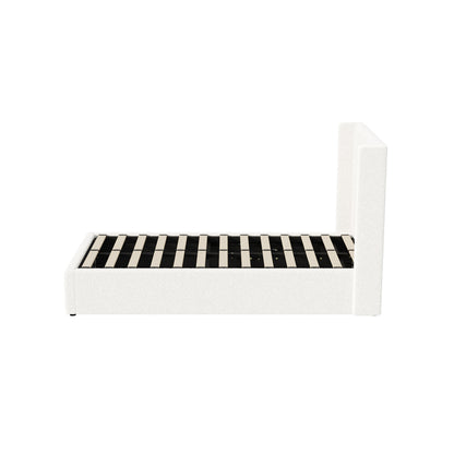 Bed Frame King Single Gas Lift Base Boucle Fabric White