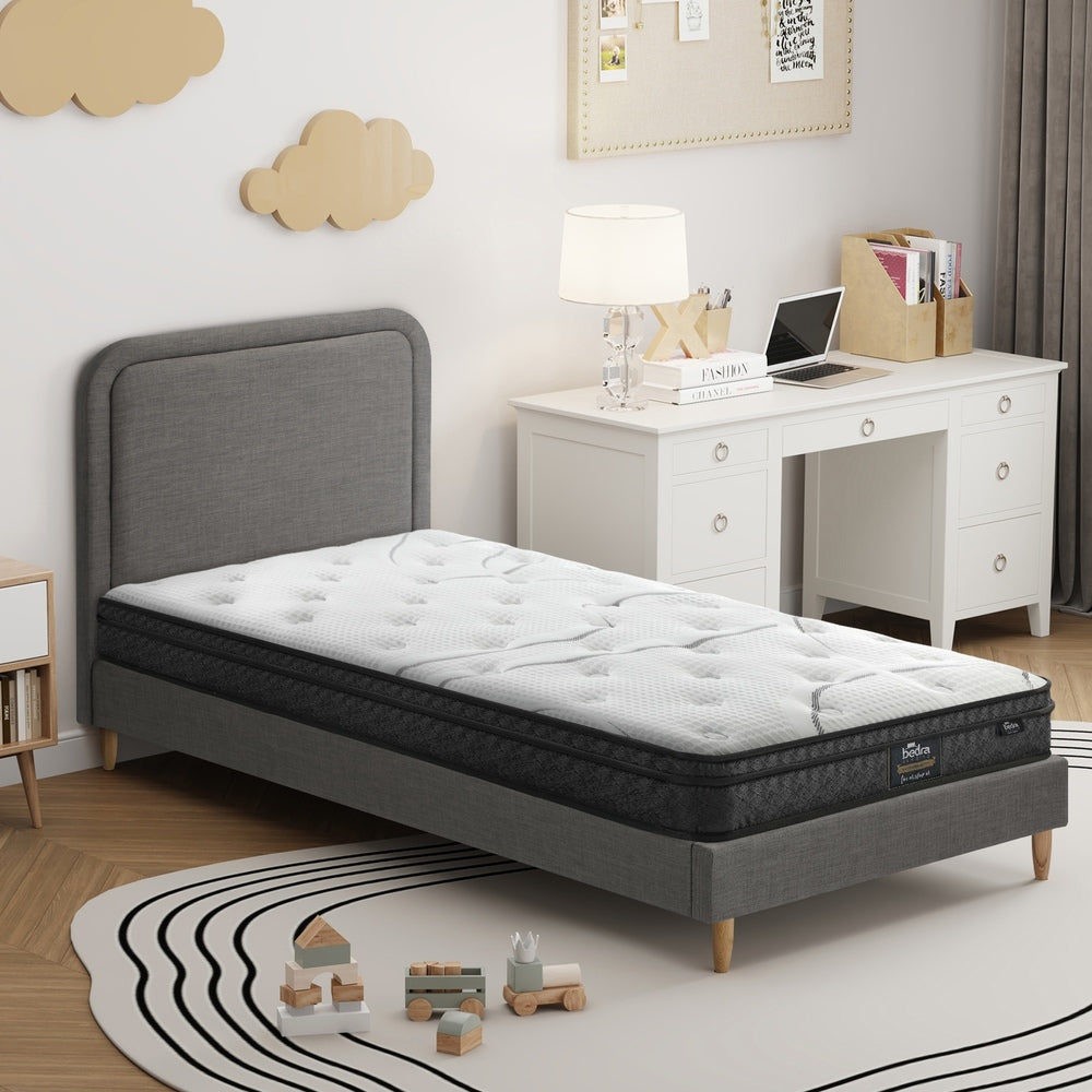 Single Bed Frame with Bonnell Spring Mattress Upholstered Base Grey
