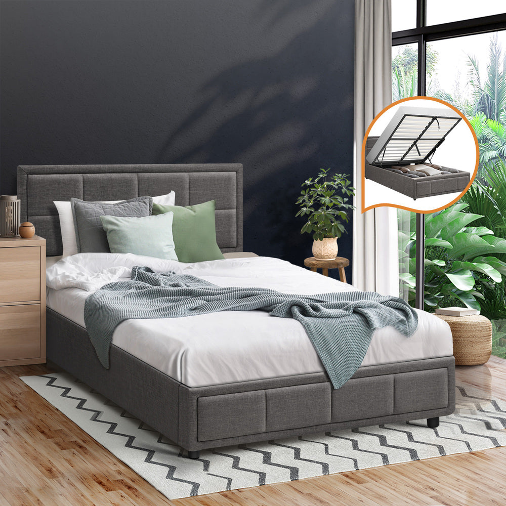 King Single Gas Lift Bed Frame Grey  Fabric Storage Base