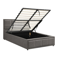 King Single Gas Lift Bed Frame Grey  Fabric Storage Base