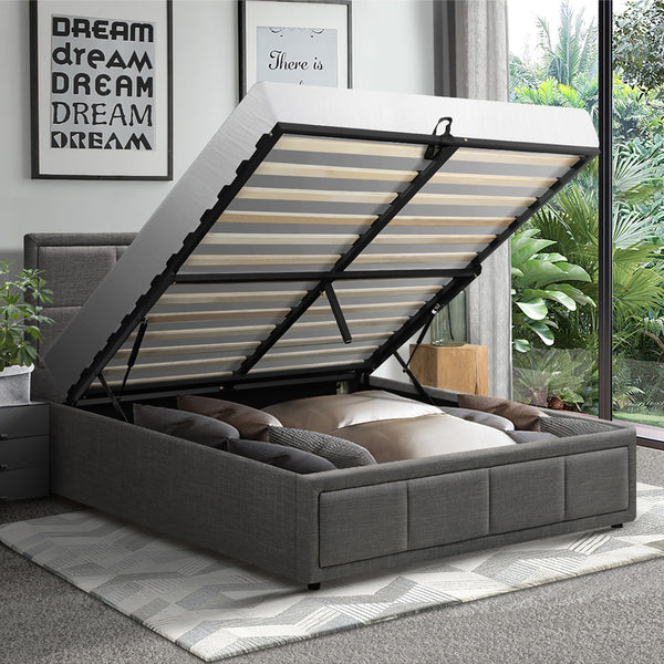  King Single Gas Lift Bed Frame Grey  Fabric Storage Base