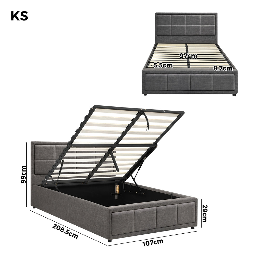 King Single Gas Lift Bed Frame Grey  Fabric Storage Base
