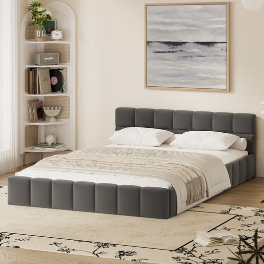 Double Bed Frame Grey Velvet Tufted Headboard | HomeAndLivin