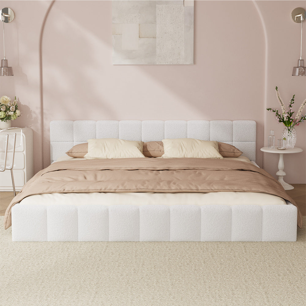 King Size Boucle Bed Frame Tufted Headboard | HomeAndLiving