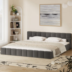 King Bed Frame Grey Velvet Tufted Headboard | HomeAndLiving