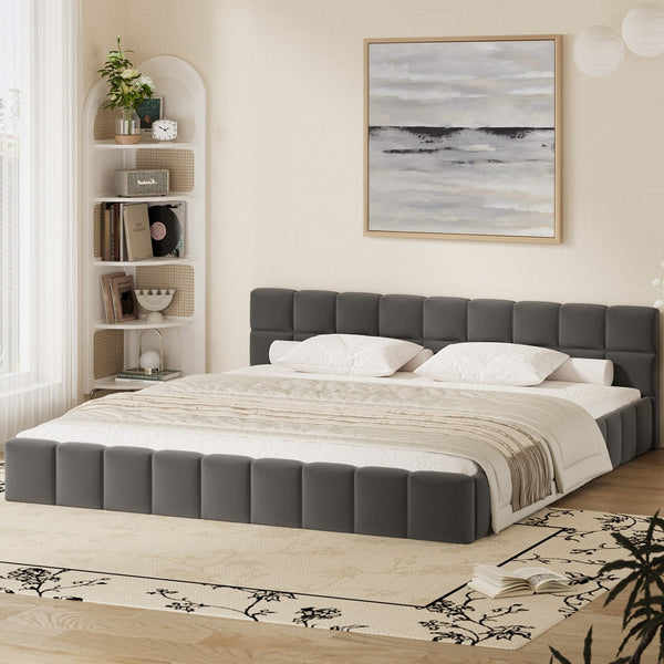  King Bed Frame Grey Velvet Tufted Headboard | HomeAndLiving