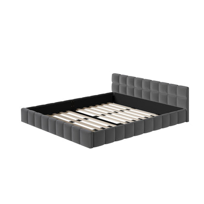 King Bed Frame Grey Velvet Tufted Headboard | HomeAndLiving
