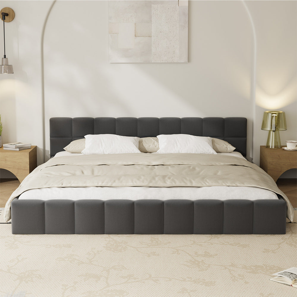 King Bed Frame Grey Velvet Tufted Headboard | HomeAndLiving