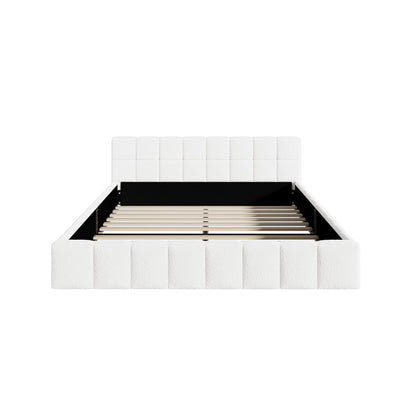 Bed Frame Queen Size Tufted Headboard White Boucle