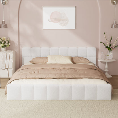 Bed Frame Queen Size Tufted Headboard White Boucle