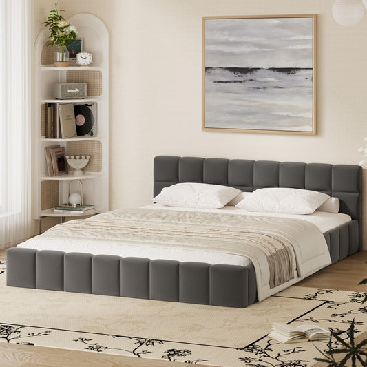 Queen Bed Frame Grey Velvet Tufted Headboard | HomeAndLiving