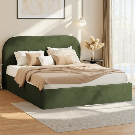 Bed Frame Double Gas Lift Base Storage Velvet Rounded Corner