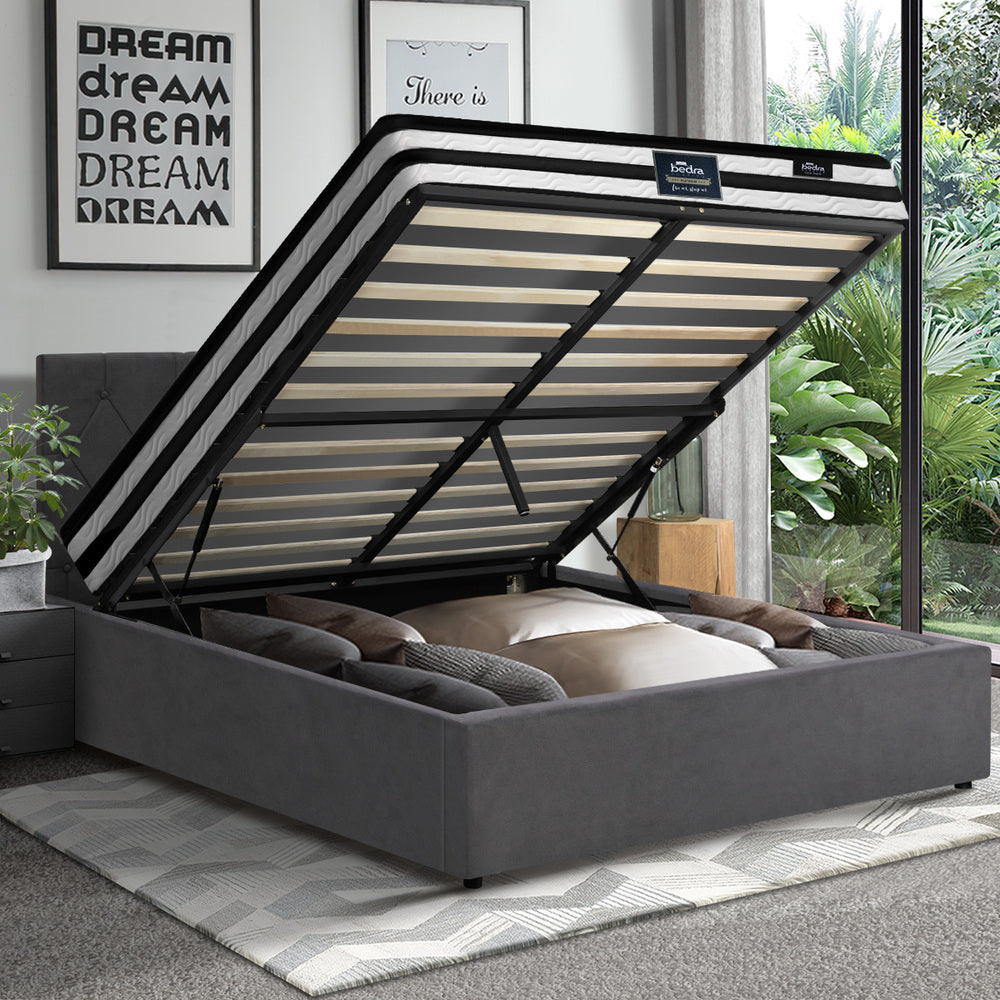 Bed Frame Double King & Queen Size Gas Lift Base with Mattress Velvet Grey