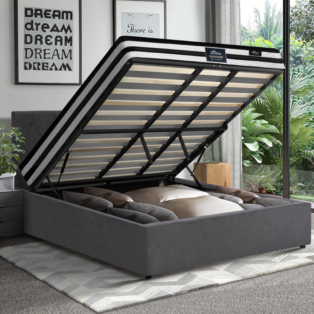Bed Frame Double King & Queen Size Gas Lift Base with Mattress Velvet Grey
