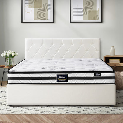 Bed Frame King Double & Queen Size Gas Lift Base with Mattress White Leather
